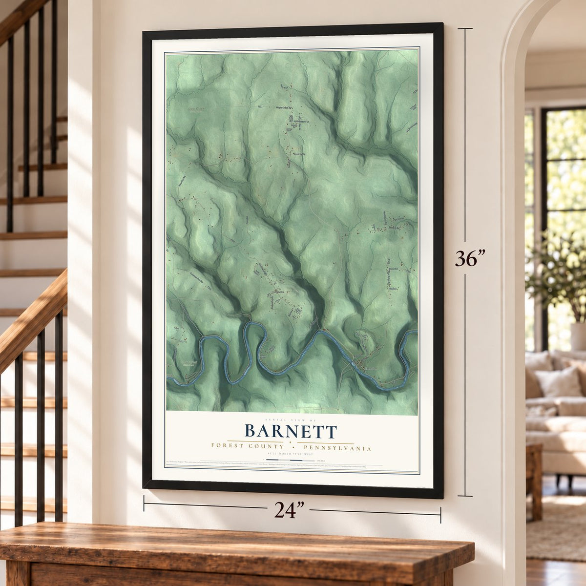 Barnett, Forest County, Pennsylvania map, 24 x 36 inch print in a black frame by a staircase