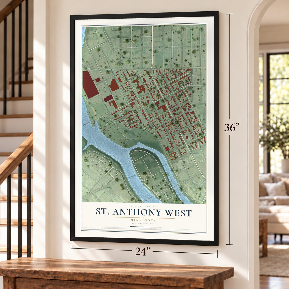 St. Anthony West, Minnesota map, 24 x 36 inch print in a black frame by a staircase