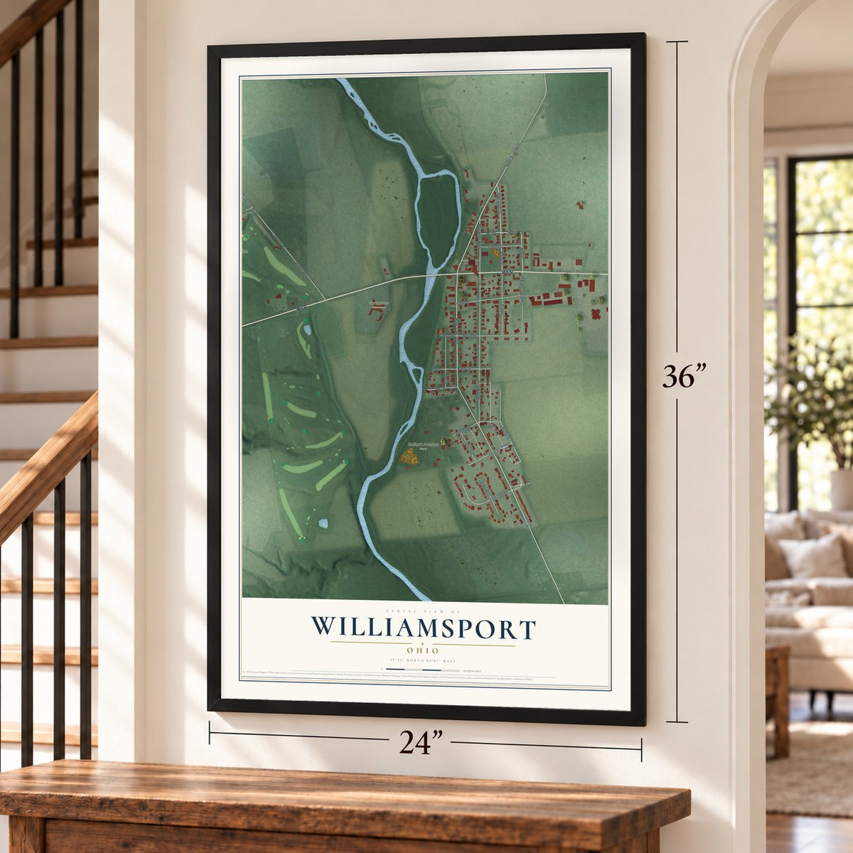Williamsport, Ohio map, 24 x 36 inch print in a black frame by a staircase