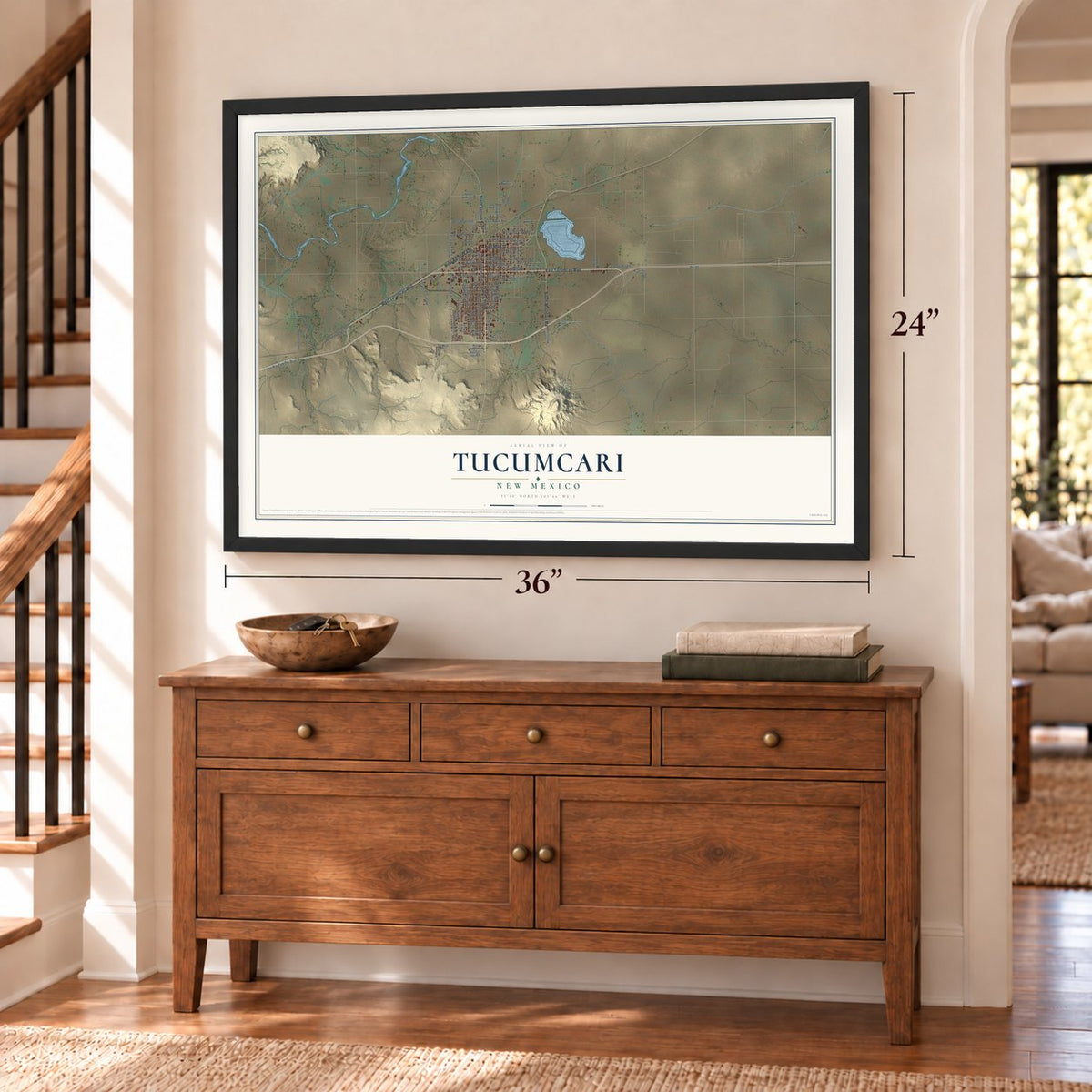 Tucumcari, New Mexico map, 24 x 36 inch print in a black frame above a dresser by a staircase