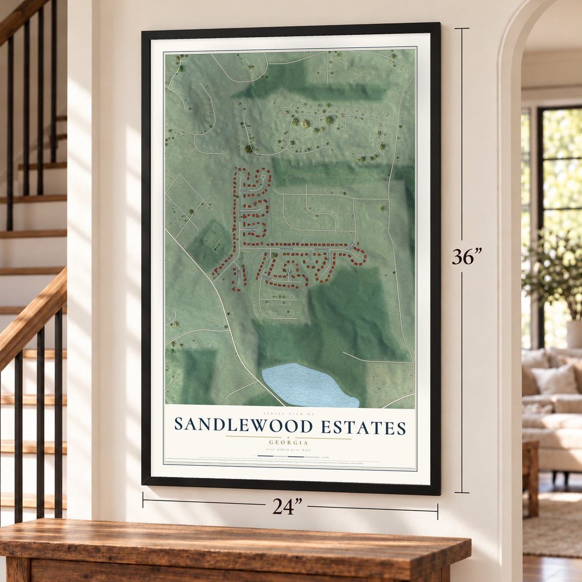 Sandlewood Estates, Georgia map, 24 x 36 inch print in a black frame by a staircase