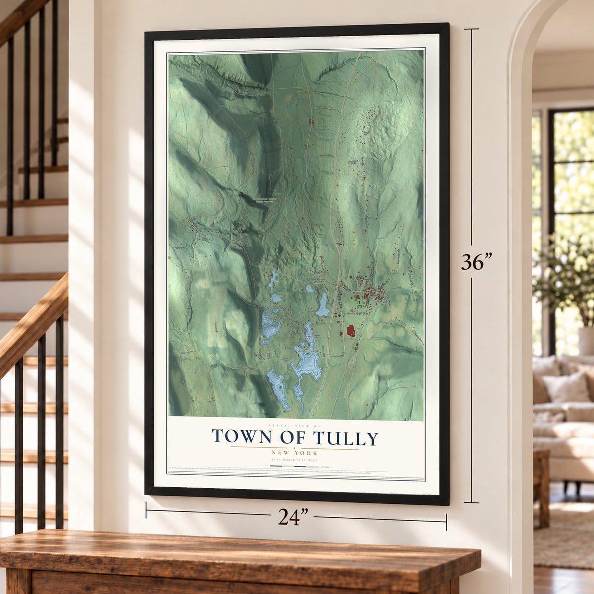 Town of Tully, New York map, 24 x 36 inch print in a black frame by a staircase