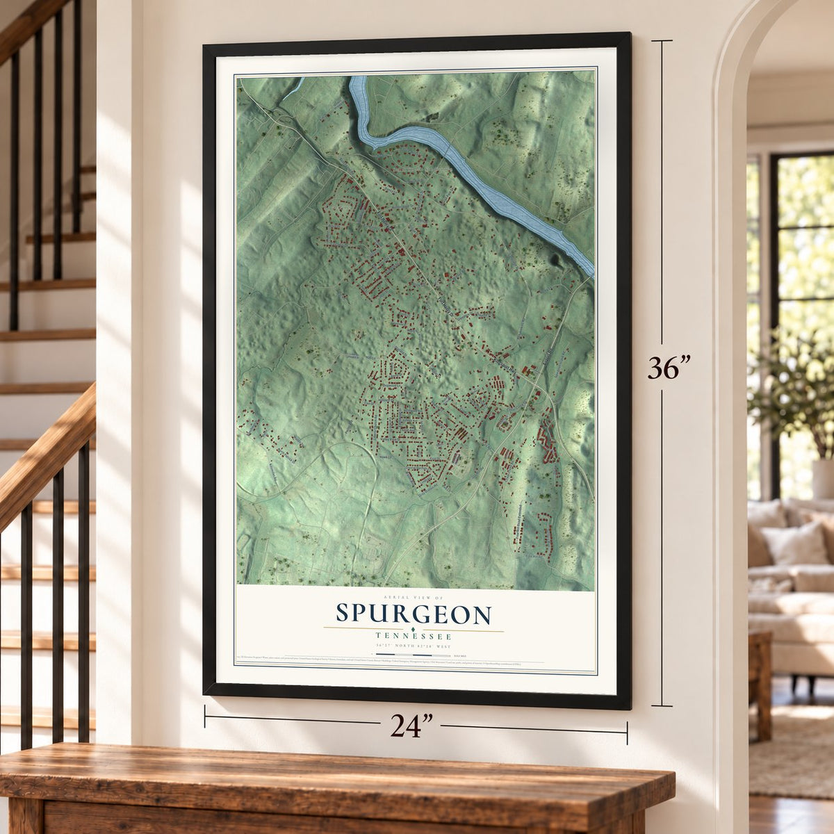 Spurgeon, Tennessee map, 24 x 36 inch print in a black frame by a staircase