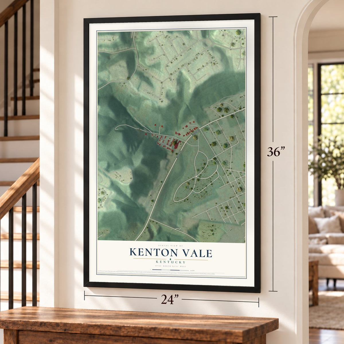Kenton Vale, Kentucky map, 24 x 36 inch print in a black frame by a staircase