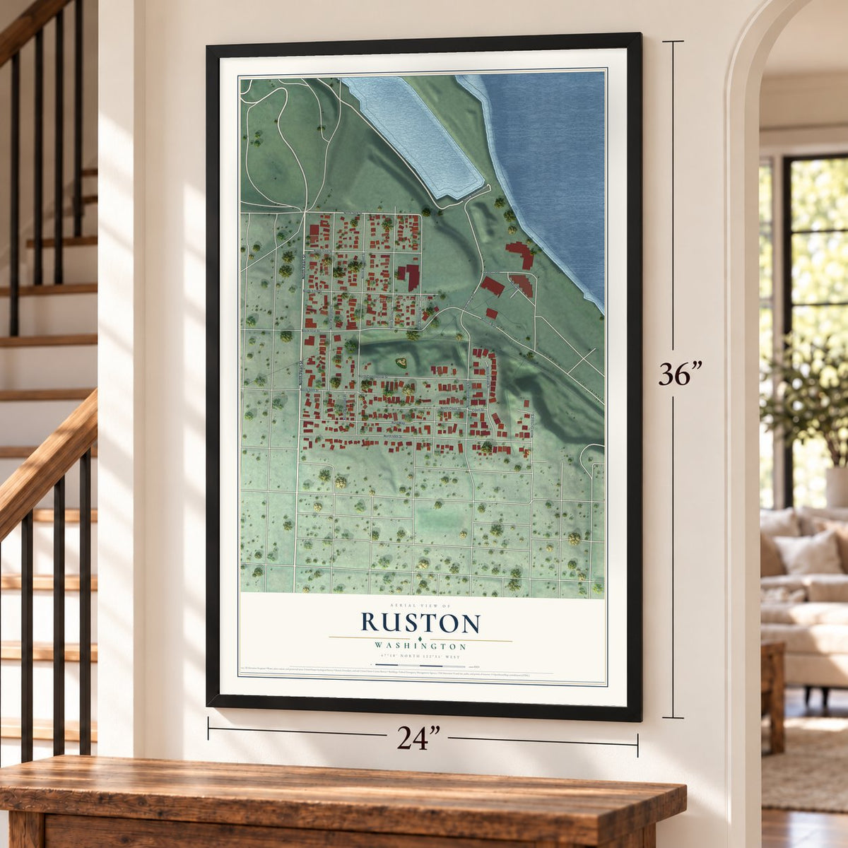 Ruston, Washington map, 24 x 36 inch print in a black frame by a staircase