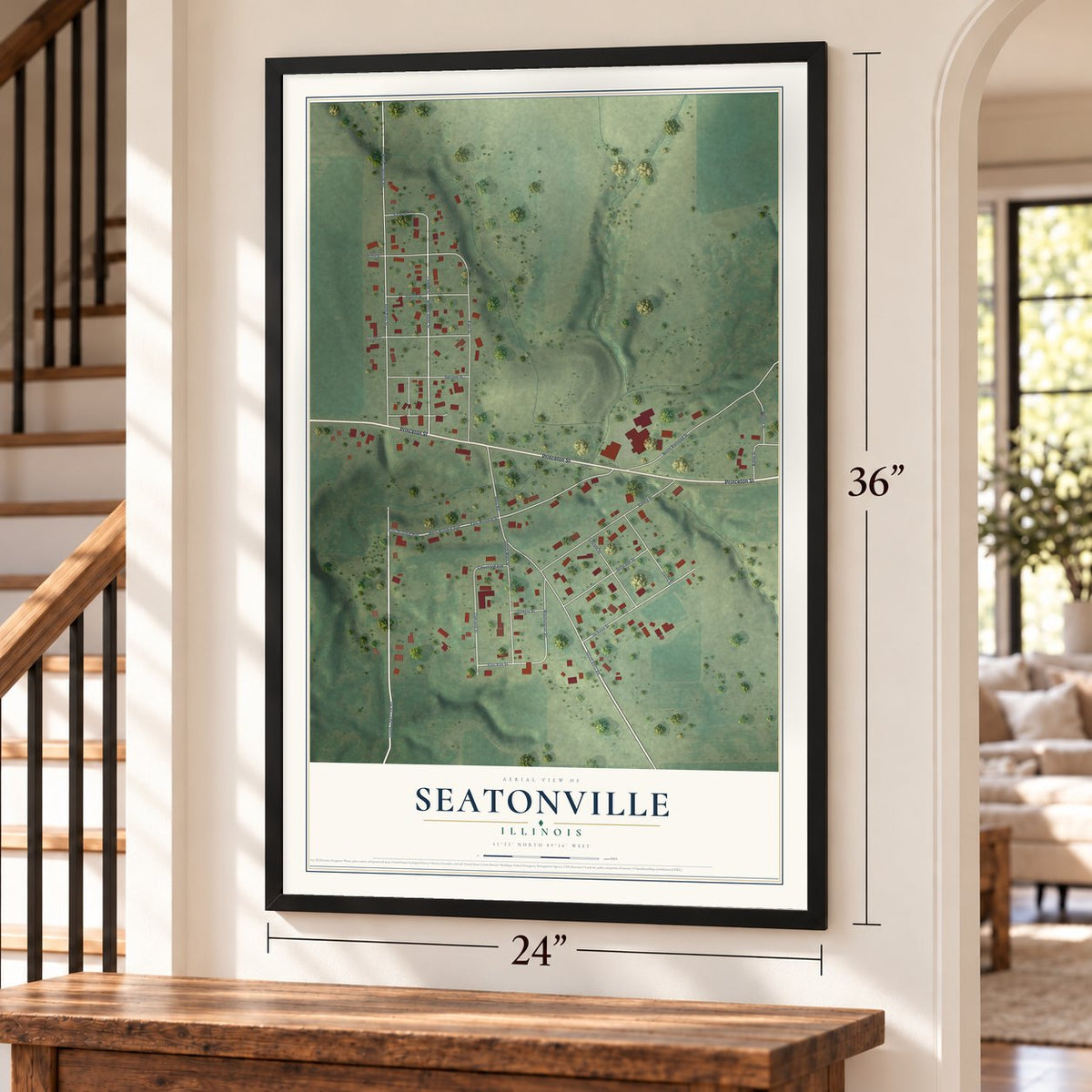 Seatonville, Illinois map, 24 x 36 inch print in a black frame by a staircase