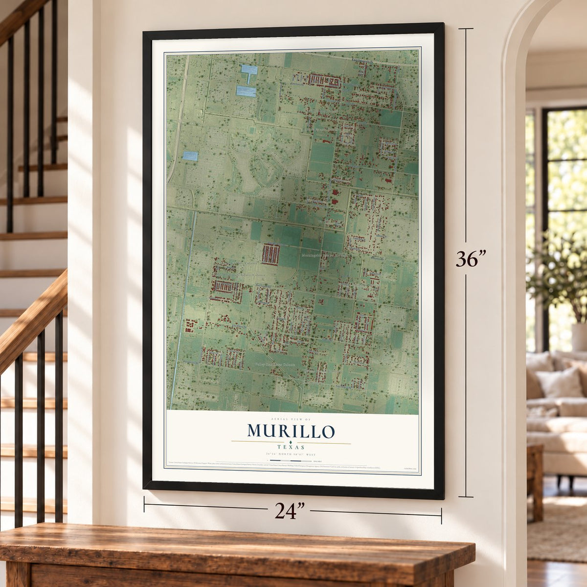 Murillo, Texas map, 24 x 36 inch print in a black frame by a staircase