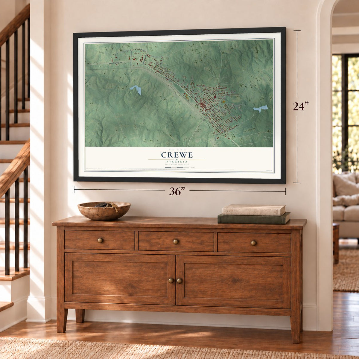 Crewe, Virginia map, 24 x 36 inch print in a black frame above a dresser by a staircase