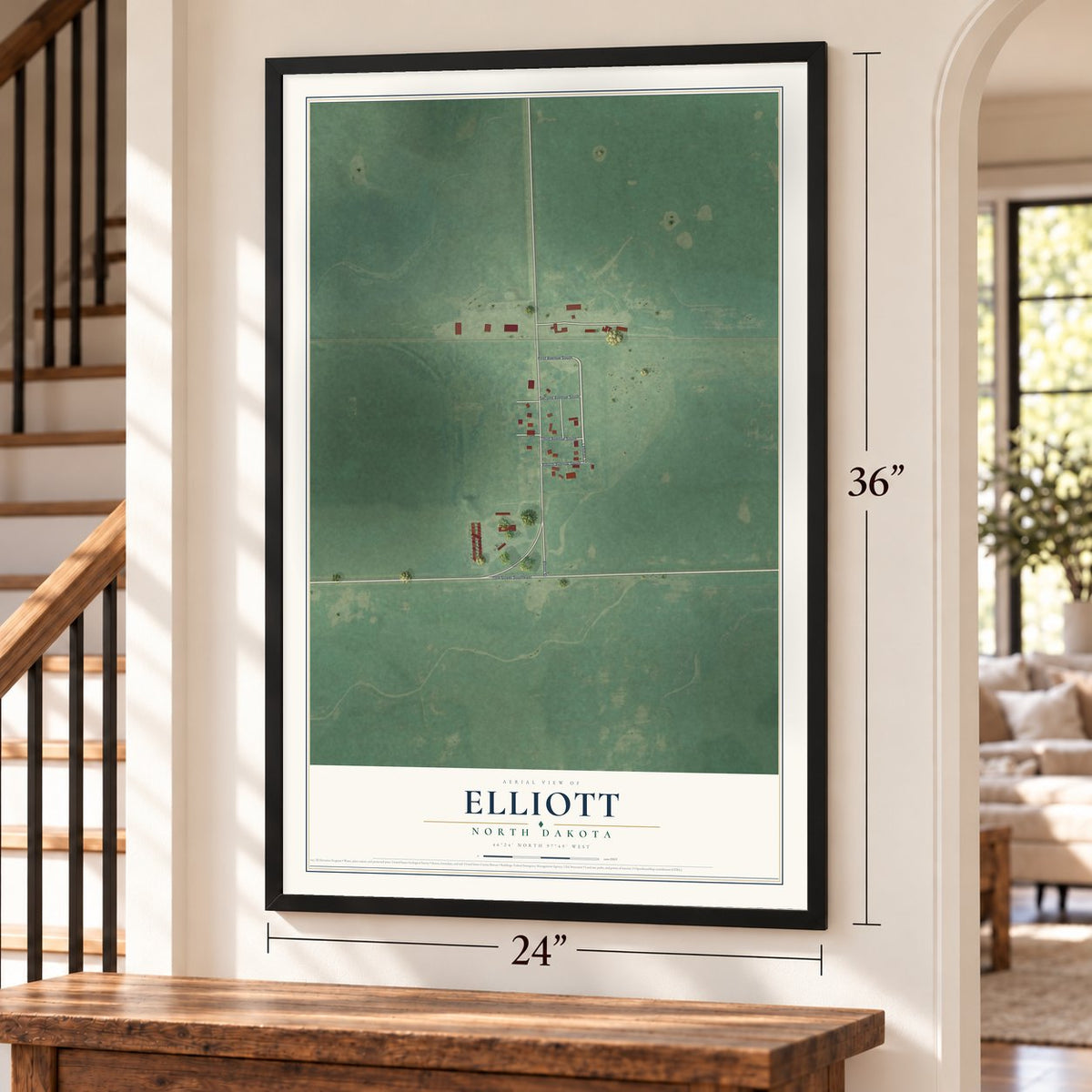Elliott, North Dakota map, 24 x 36 inch print in a black frame by a staircase