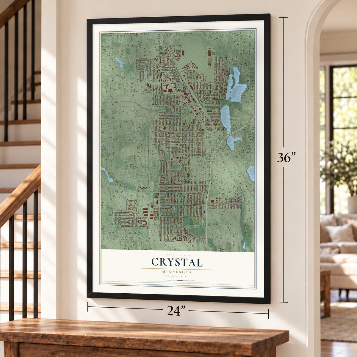 Crystal, Minnesota map, 24 x 36 inch print in a black frame by a staircase