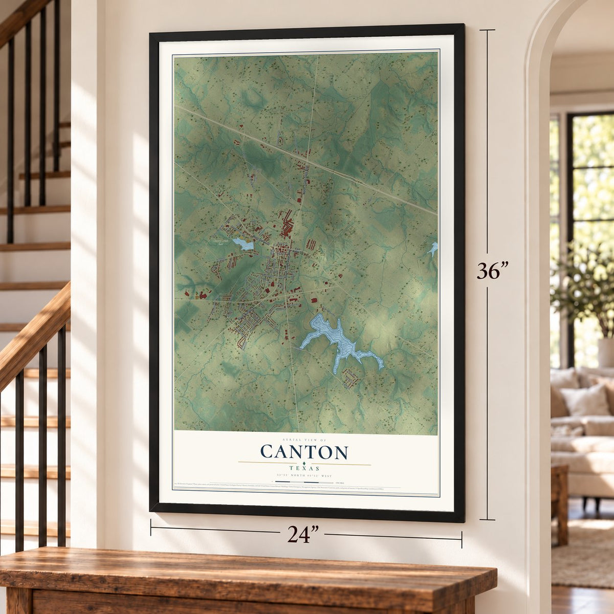 Canton, Texas map, 24 x 36 inch print in a black frame by a staircase