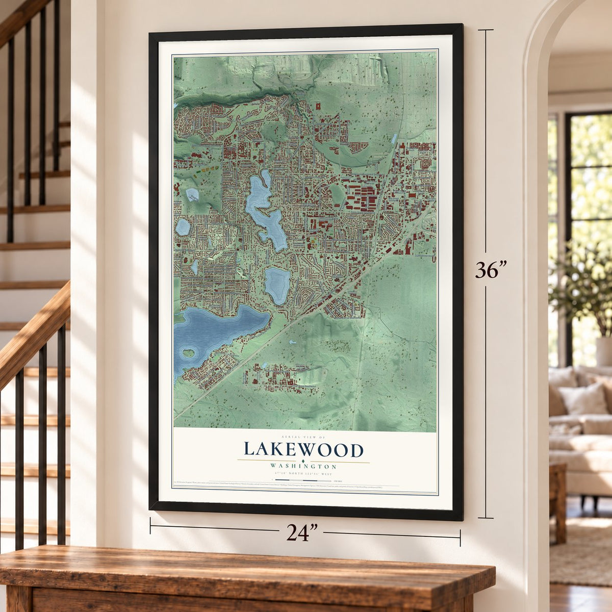 Lakewood, Washington map, 24 x 36 inch print in a black frame by a staircase
