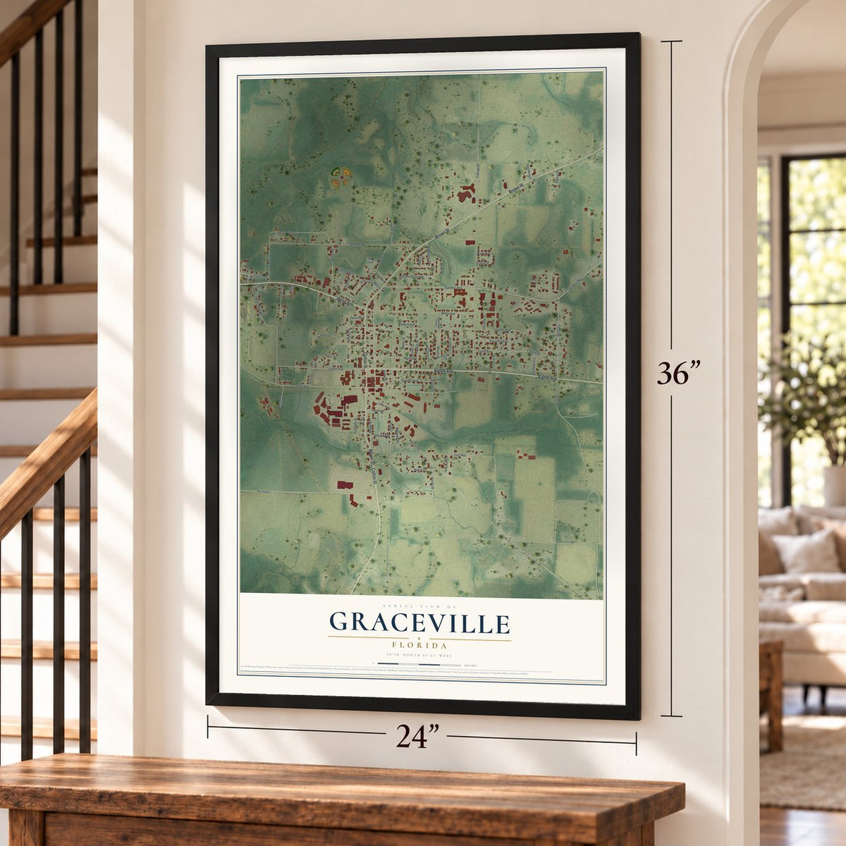 Graceville, Florida map, 24 x 36 inch print in a black frame by a staircase