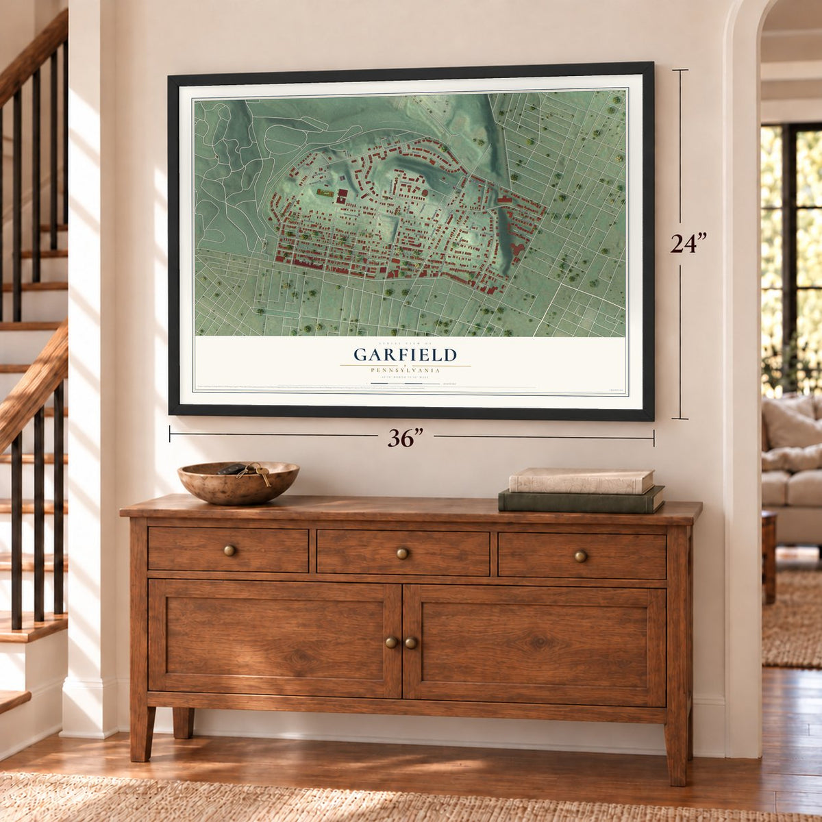 Garfield, Pennsylvania map, 24 x 36 inch print in a black frame above a dresser by a staircase