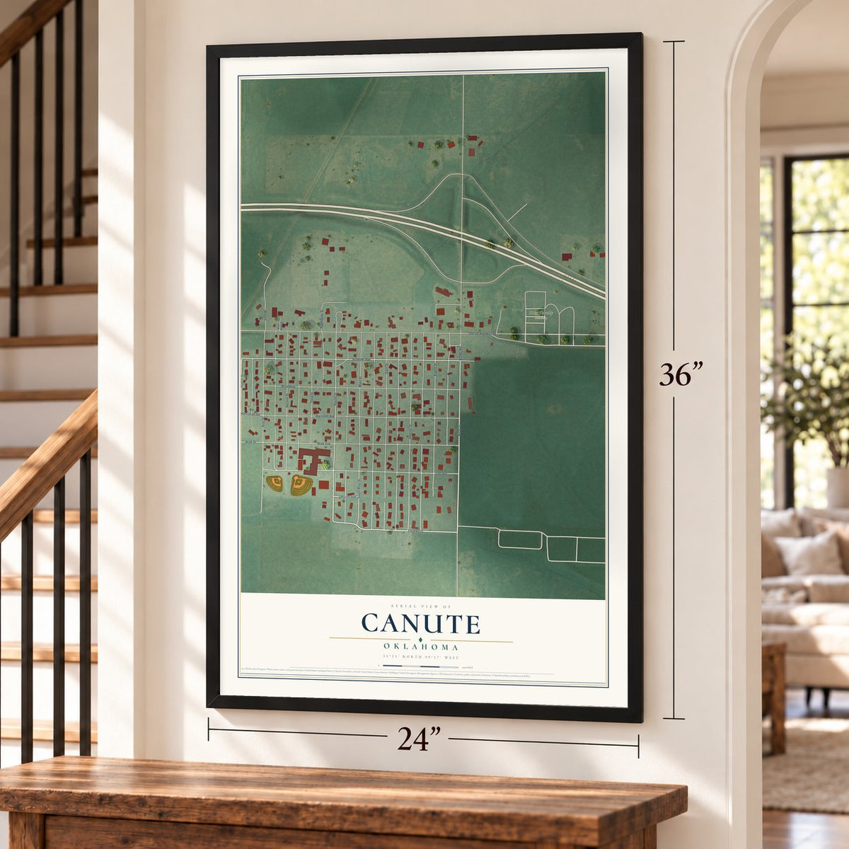 Canute, Oklahoma map, 24 x 36 inch print in a black frame by a staircase