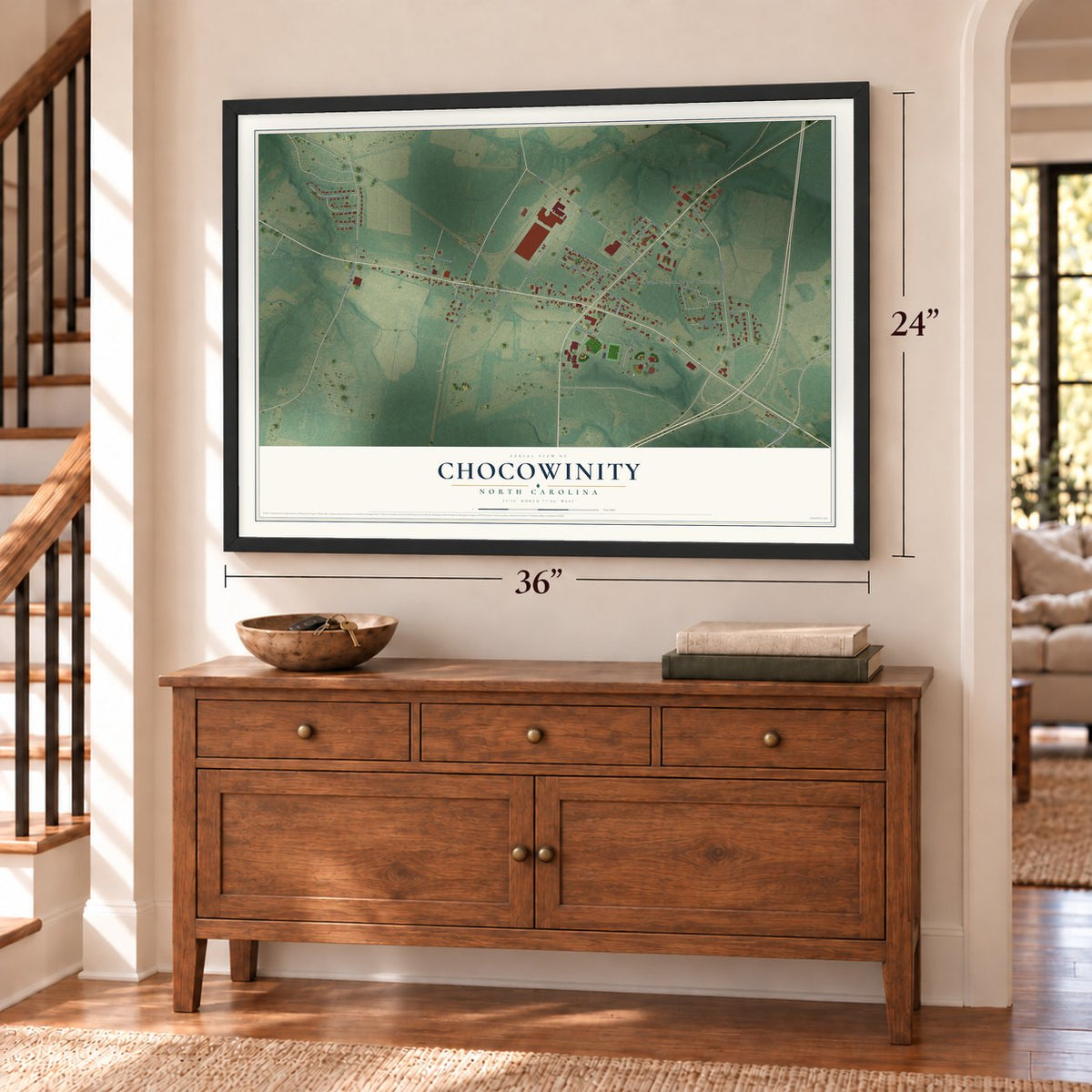 Chocowinity, North Carolina map, 24 x 36 inch print in a black frame above a dresser by a staircase