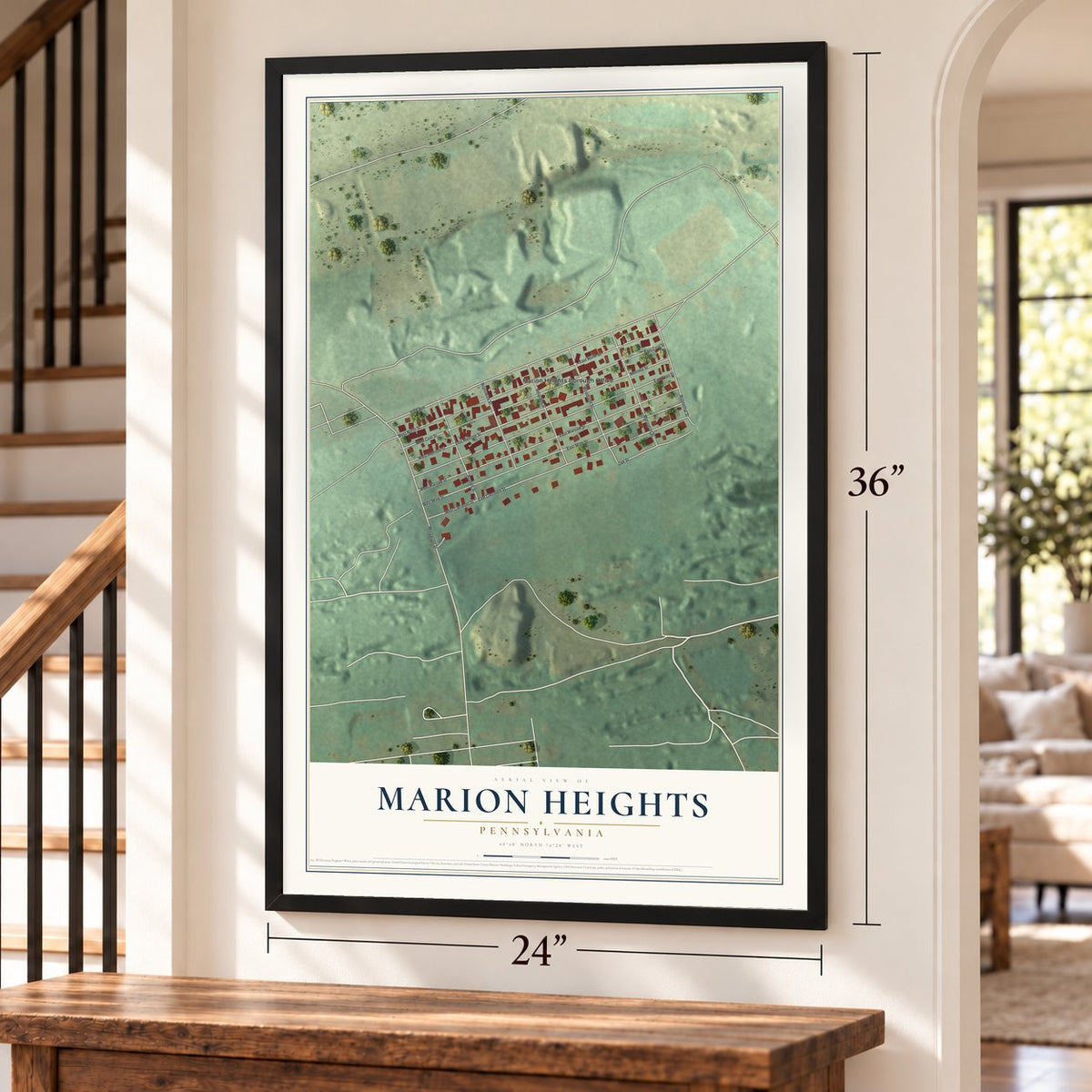 Marion Heights, Pennsylvania map, 24 x 36 inch print in a black frame by a staircase