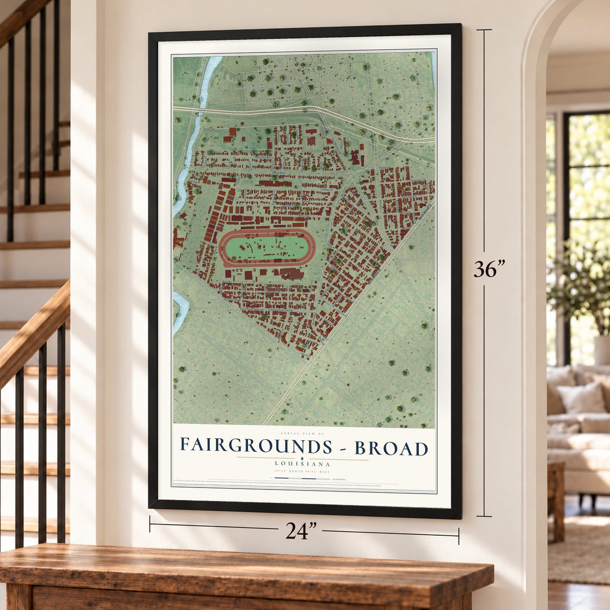 Fairgrounds - Broad, Louisiana map, 24 x 36 inch print in a black frame by a staircase