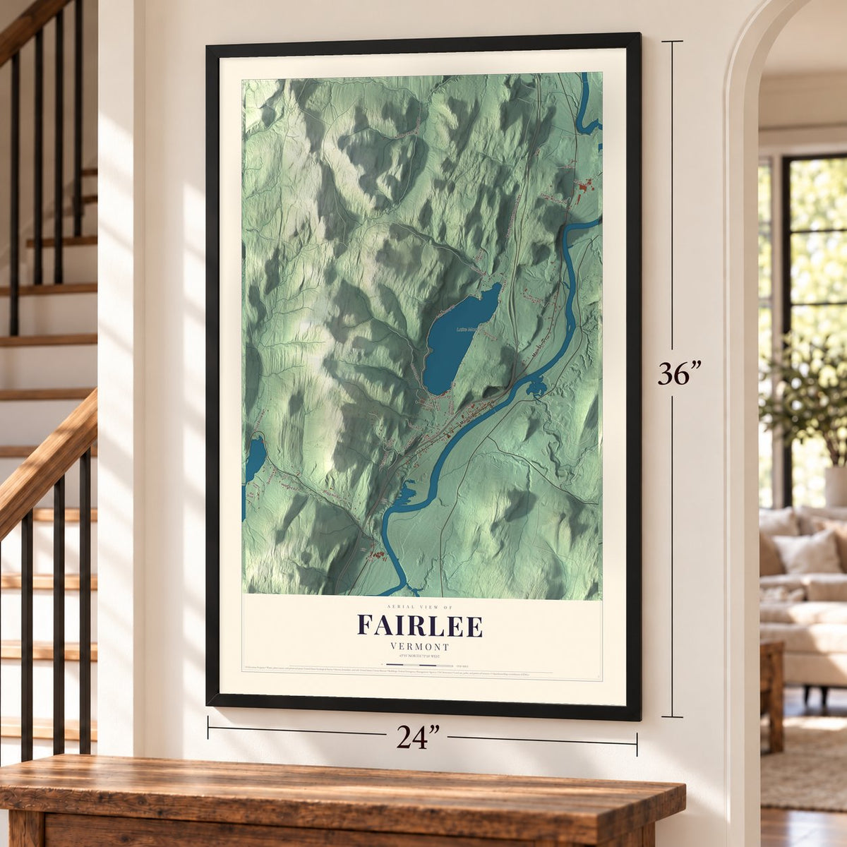 Fairlee, Vermont map, 24 x 36 inch print in a black frame by a staircase