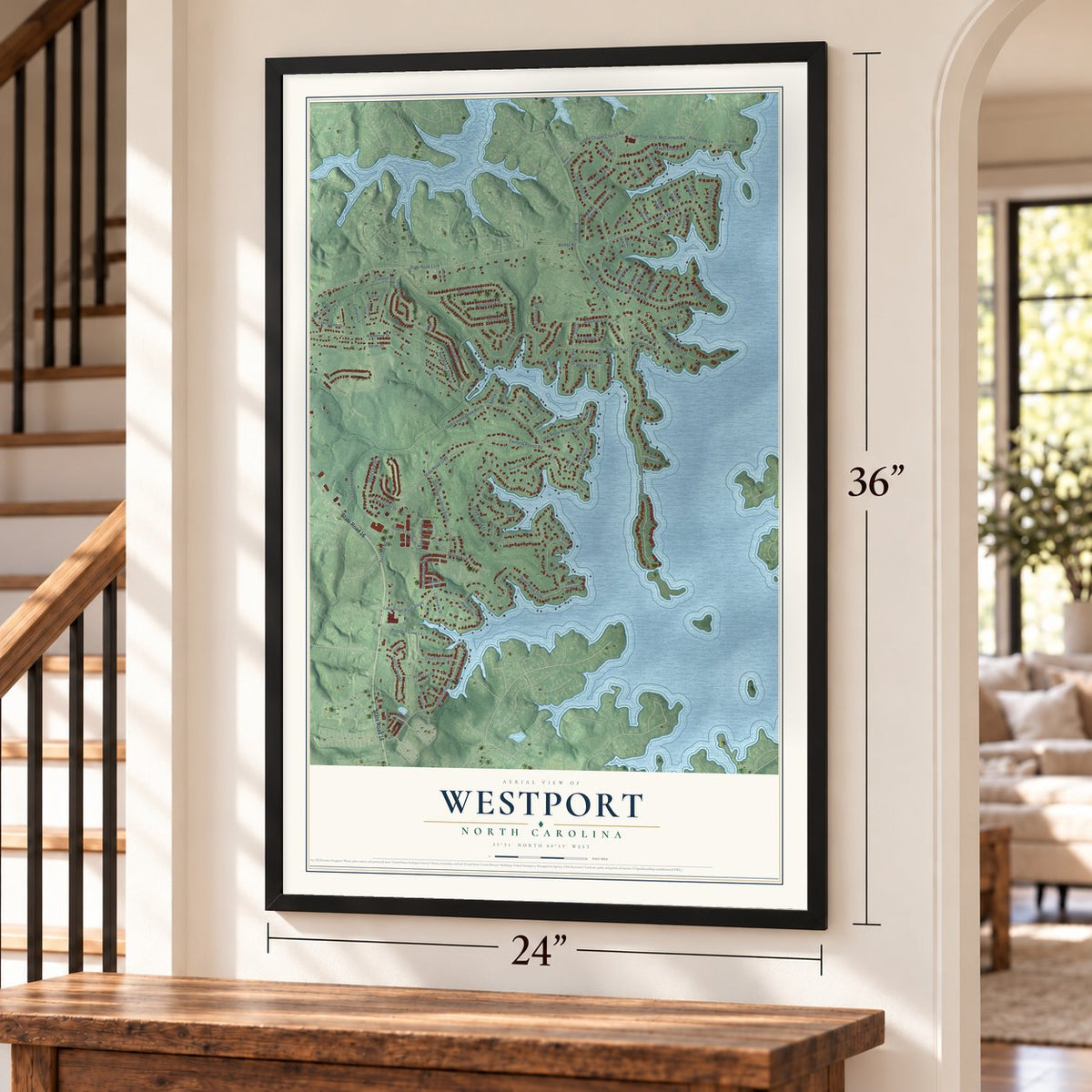 Westport, North Carolina map, 24 x 36 inch print in a black frame by a staircase