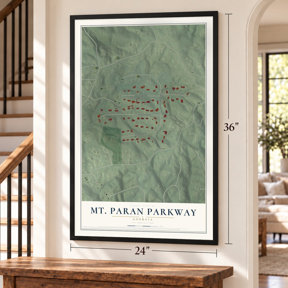 Mt. Paran Parkway, Georgia map, 24 x 36 inch print in a black frame by a staircase