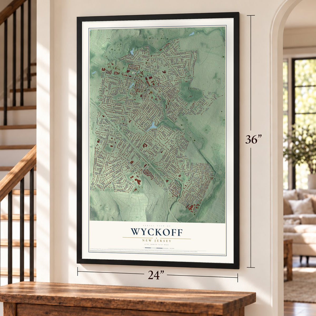 Wyckoff, New Jersey map, 24 x 36 inch print in a black frame by a staircase