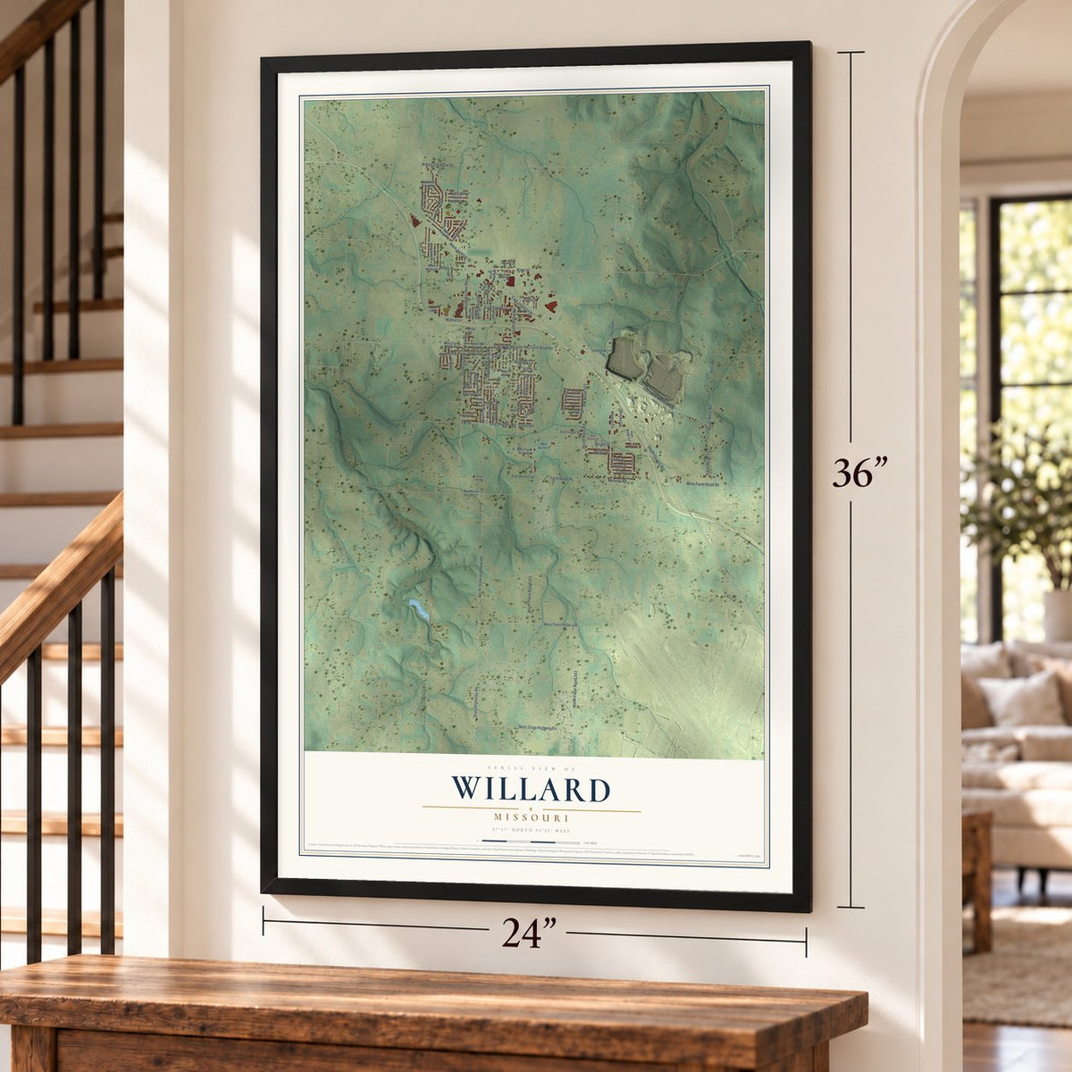 Willard, Missouri map, 24 x 36 inch print in a black frame by a staircase