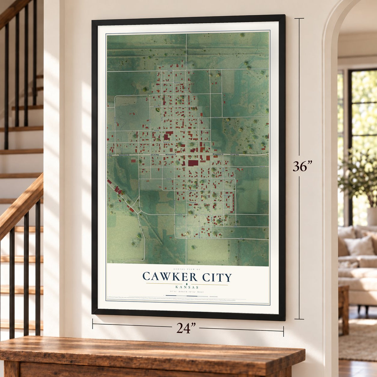 Cawker City, Kansas map, 24 x 36 inch print in a black frame by a staircase