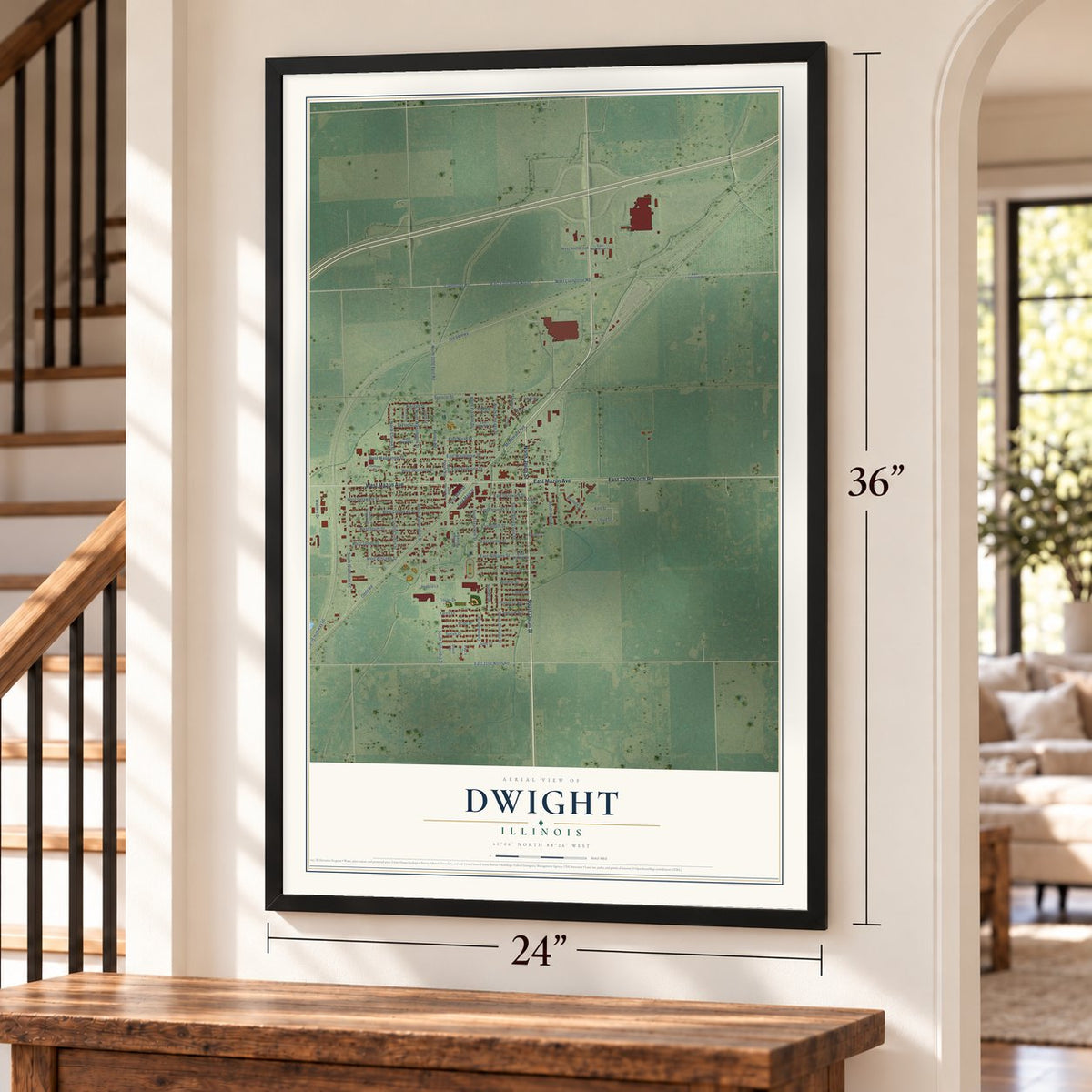 Dwight, Illinois map, 24 x 36 inch print in a black frame by a staircase