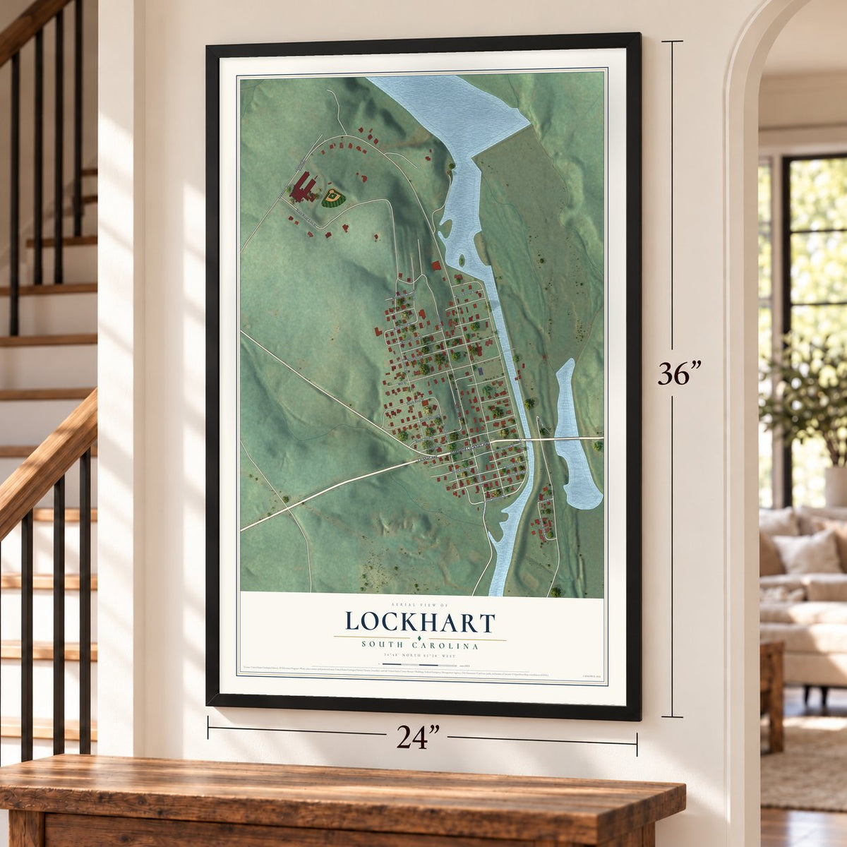 Lockhart, South Carolina map, 24 x 36 inch print in a black frame by a staircase