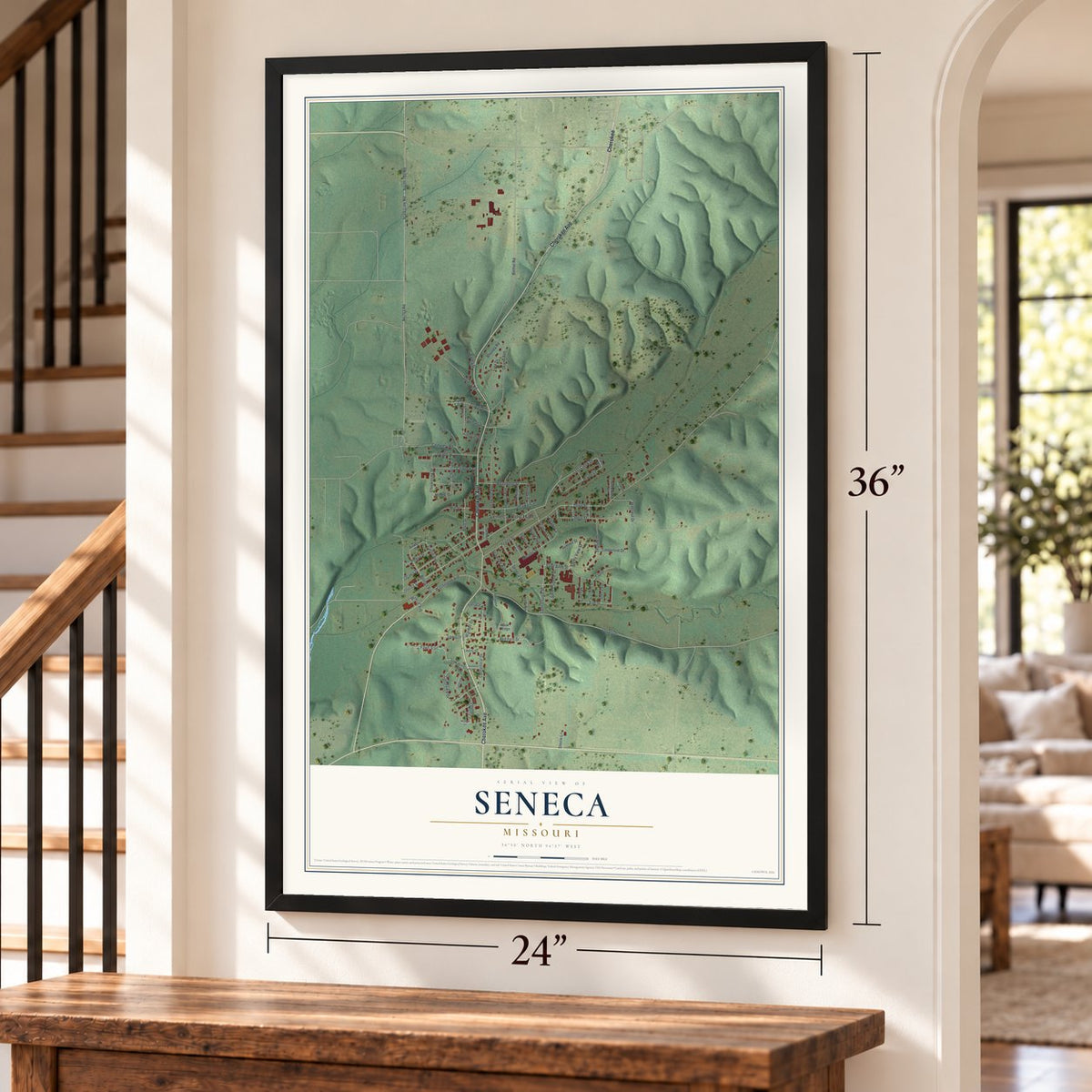 Seneca, Missouri map, 24 x 36 inch print in a black frame by a staircase
