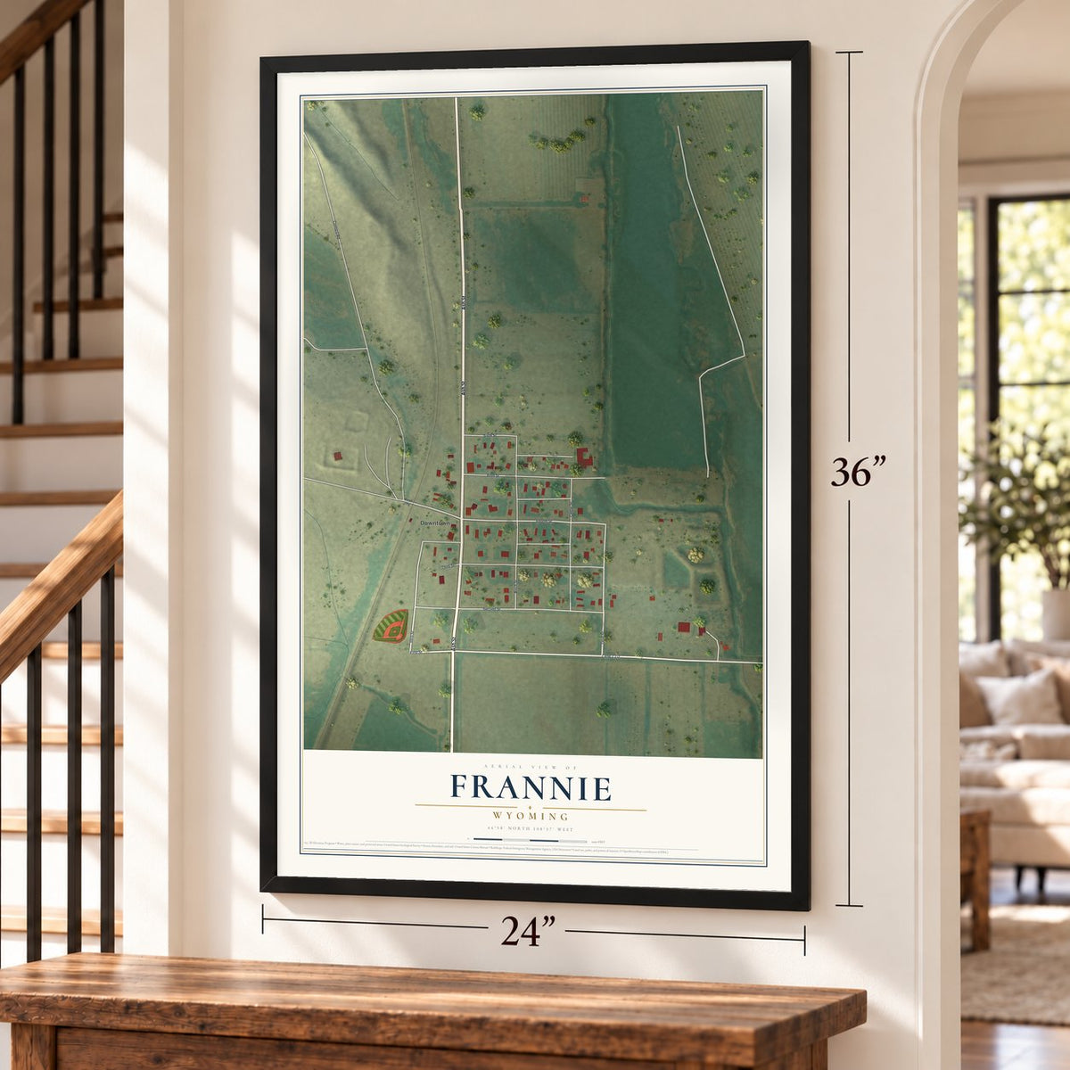 Frannie, Wyoming map, 24 x 36 inch print in a black frame by a staircase