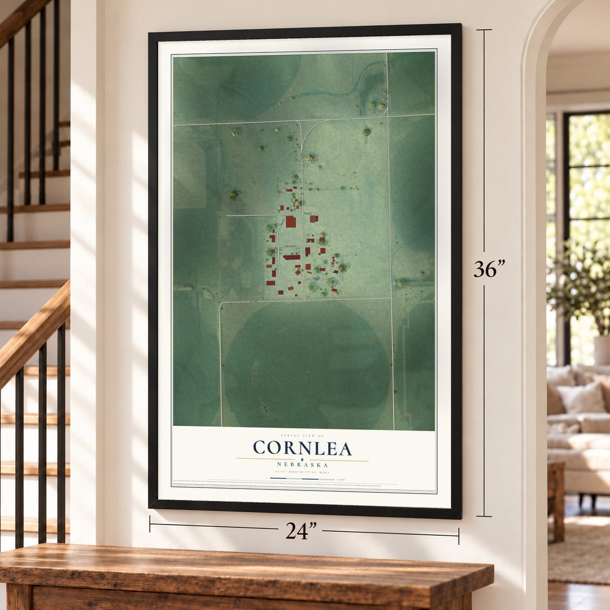 Cornlea, Nebraska map, 24 x 36 inch print in a black frame by a staircase