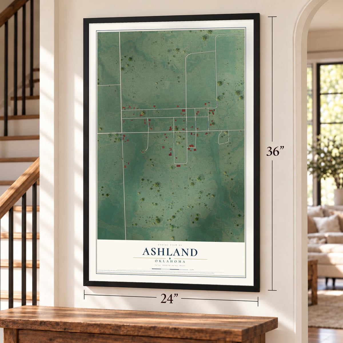 Ashland, Oklahoma map, 24 x 36 inch print in a black frame by a staircase
