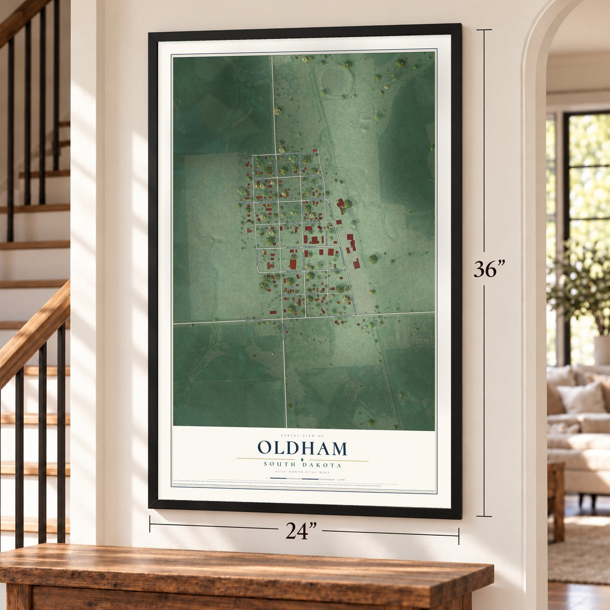 Oldham, South Dakota map, 24 x 36 inch print in a black frame by a staircase
