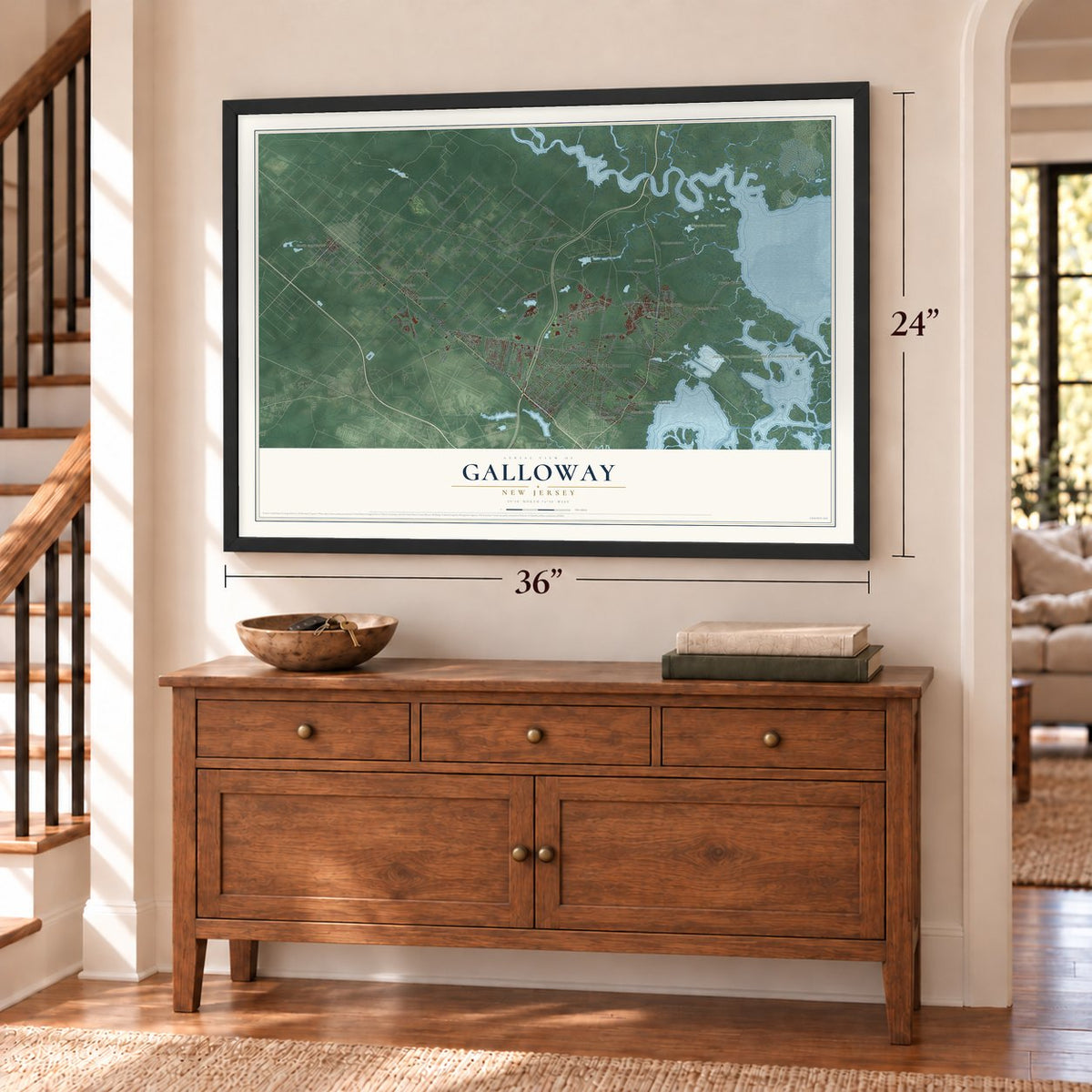 Galloway, New Jersey map, 24 x 36 inch print in a black frame above a dresser by a staircase