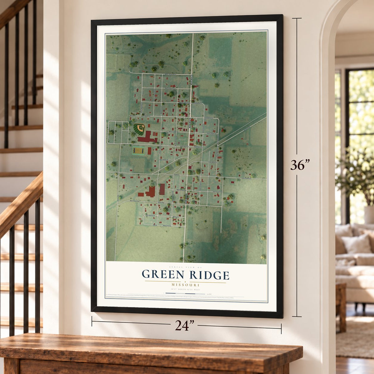 Green Ridge, Missouri map, 24 x 36 inch print in a black frame by a staircase