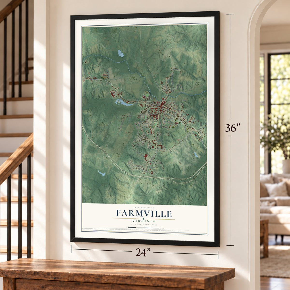 Farmville, Virginia map, 24 x 36 inch print in a black frame by a staircase