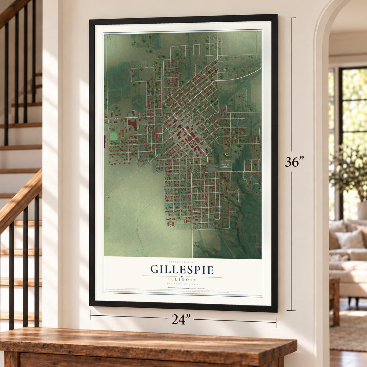 Gillespie, Illinois map, 24 x 36 inch print in a black frame by a staircase