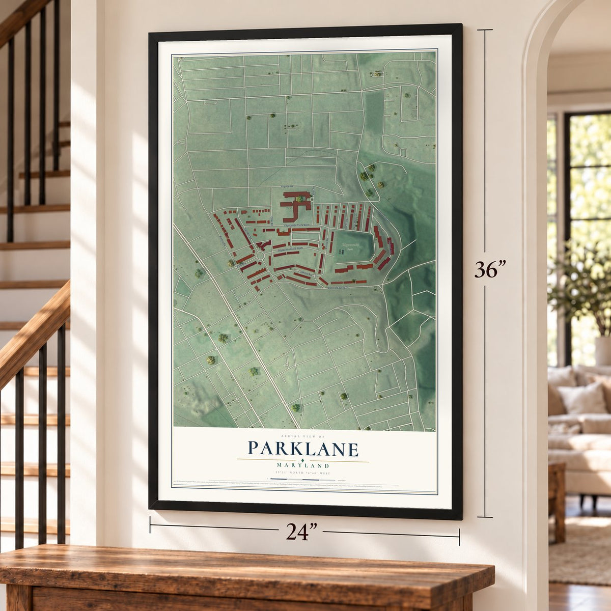 Parklane, Maryland map, 24 x 36 inch print in a black frame by a staircase