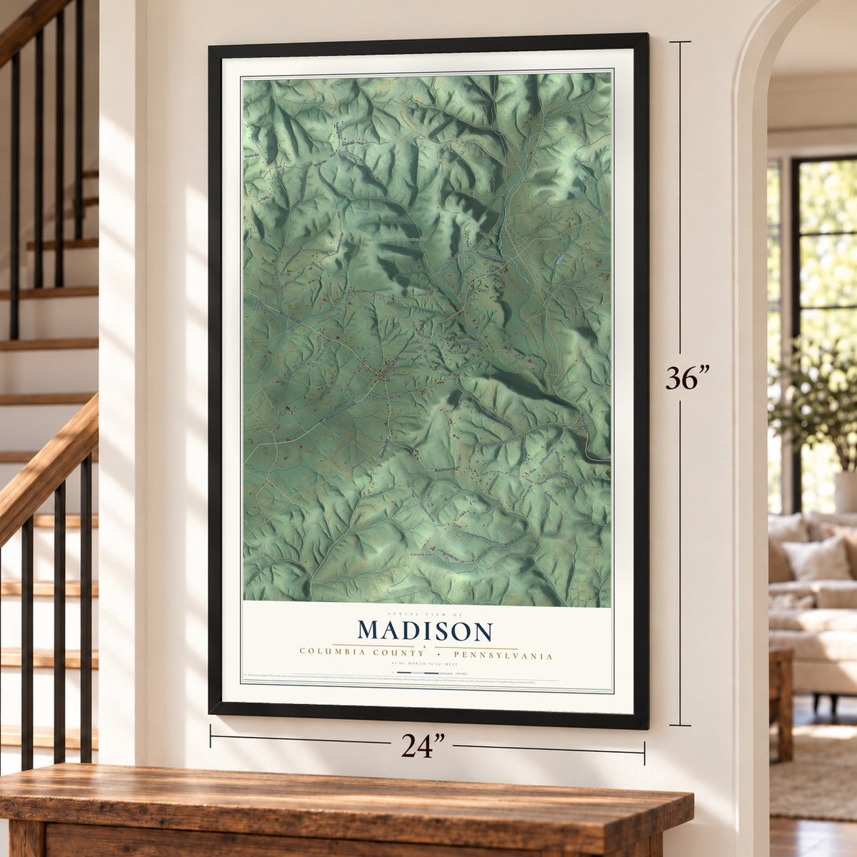 Madison, Columbia County, Pennsylvania map, 24 x 36 inch print in a black frame by a staircase