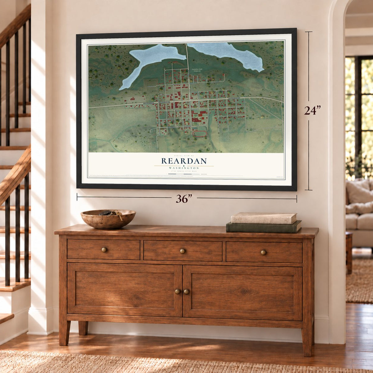Reardan, Washington map, 24 x 36 inch print in a black frame above a dresser by a staircase