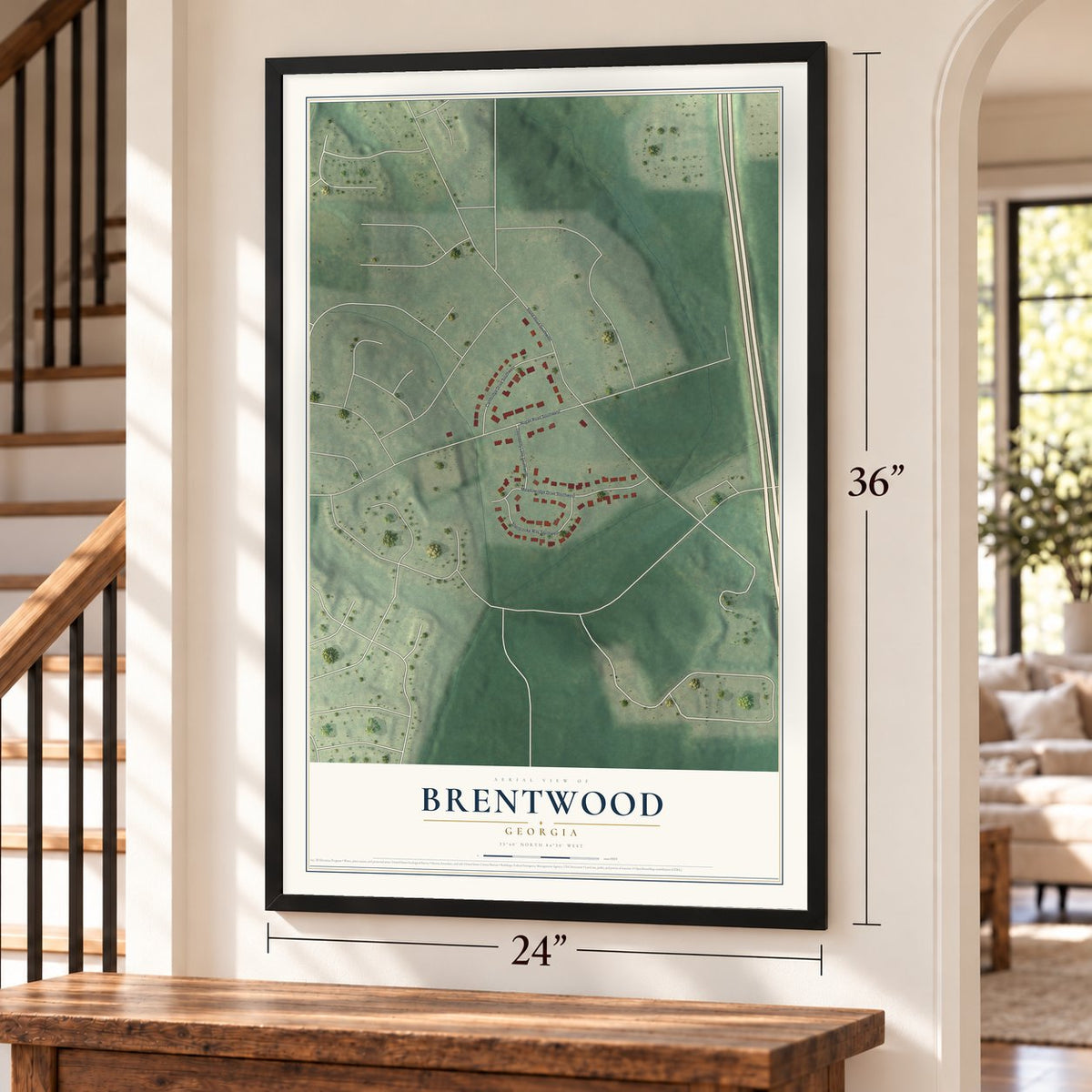 Brentwood, Georgia map, 24 x 36 inch print in a black frame by a staircase