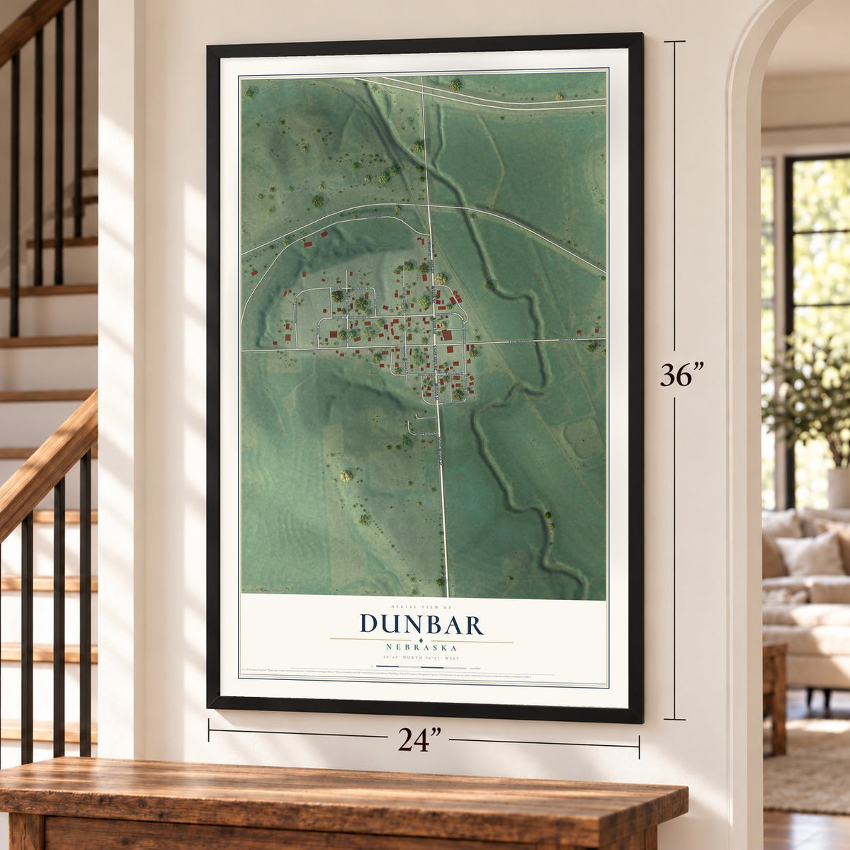 Dunbar, Nebraska map, 24 x 36 inch print in a black frame by a staircase