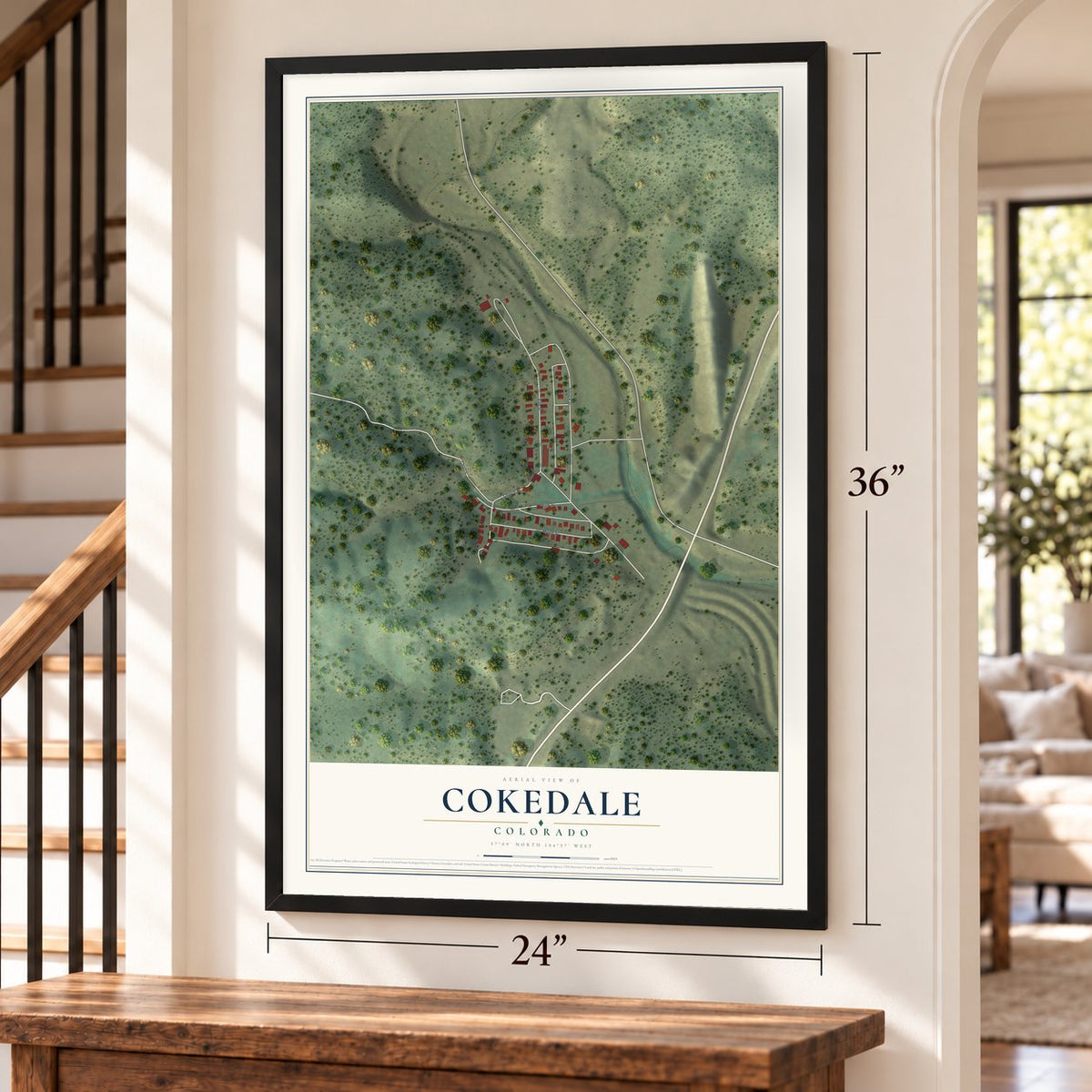 Cokedale, Colorado map, 24 x 36 inch print in a black frame by a staircase