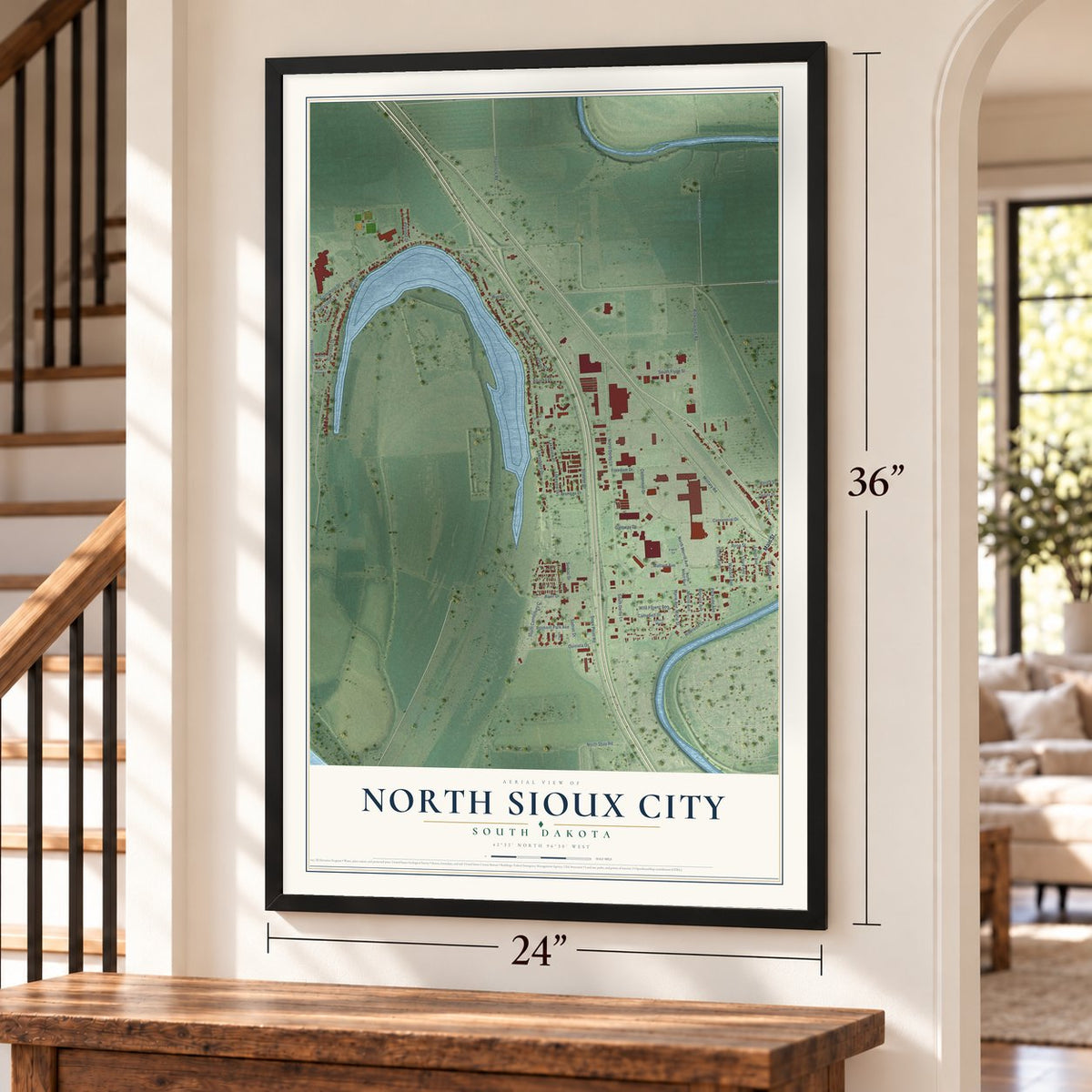 North Sioux City, South Dakota map, 24 x 36 inch print in a black frame by a staircase