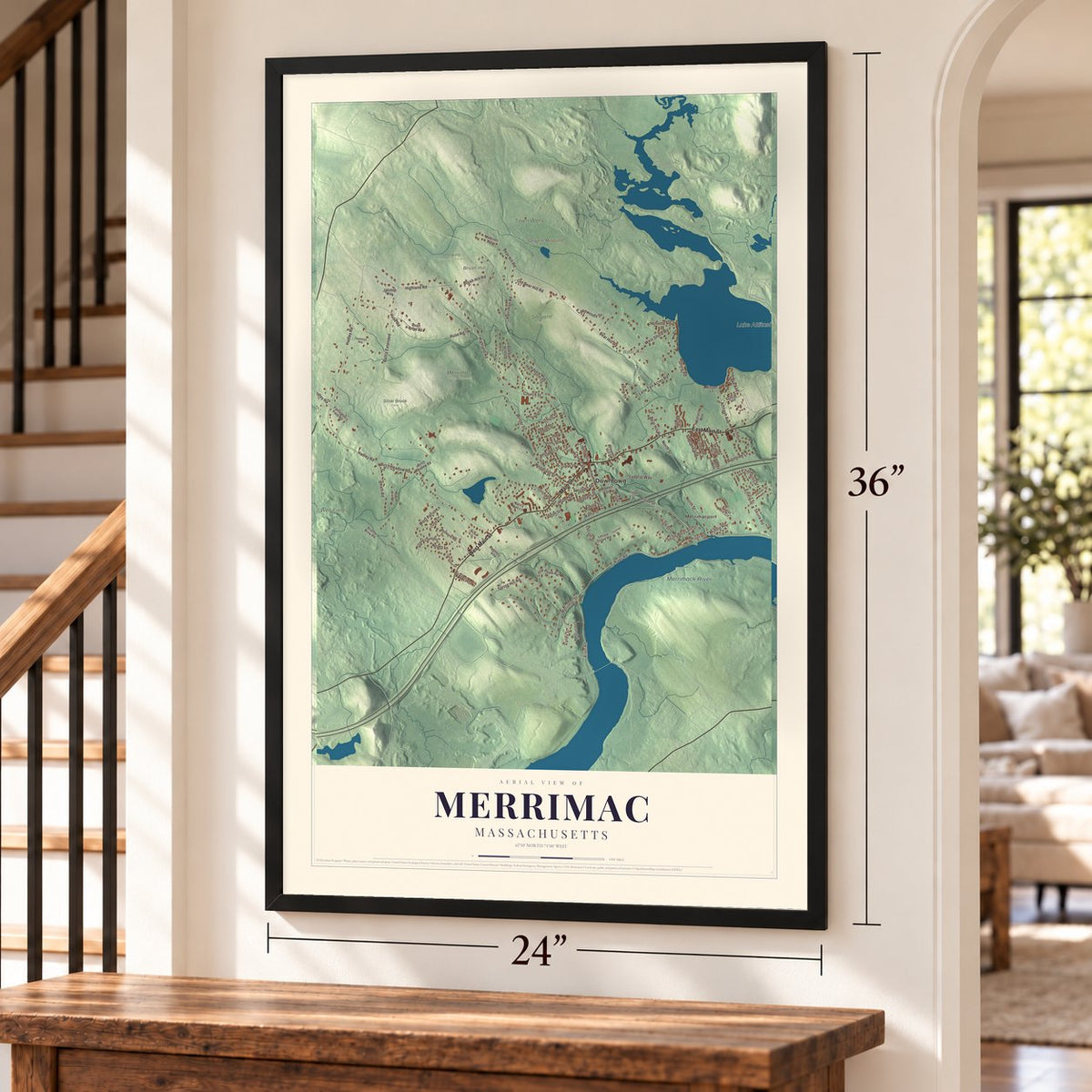 Merrimac, Massachusetts map, 24 x 36 inch print in a black frame by a staircase