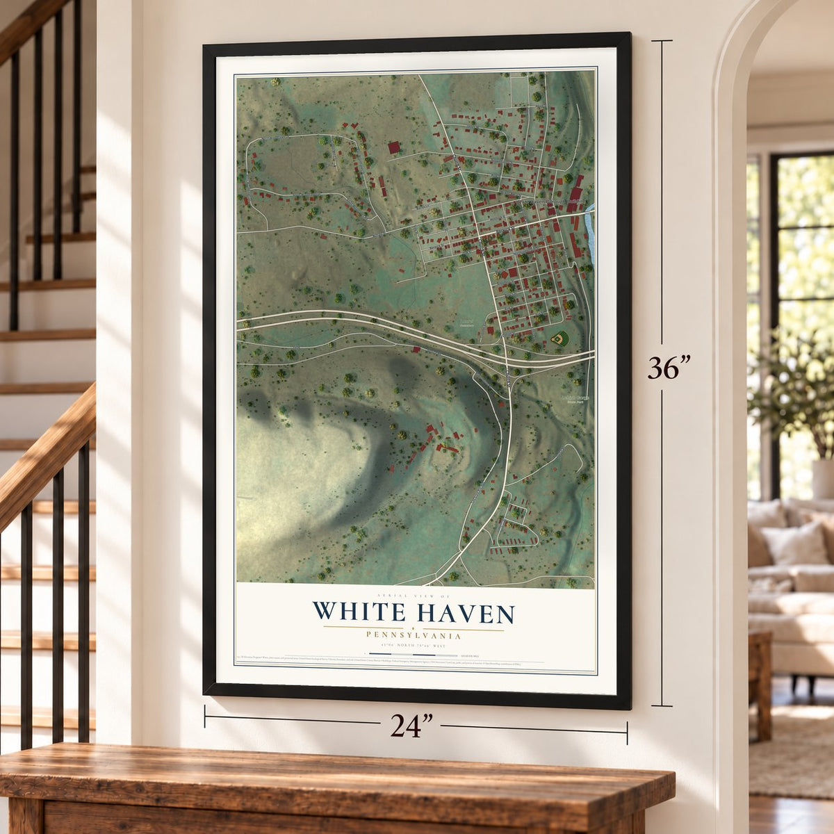 White Haven, Pennsylvania map, 24 x 36 inch print in a black frame by a staircase