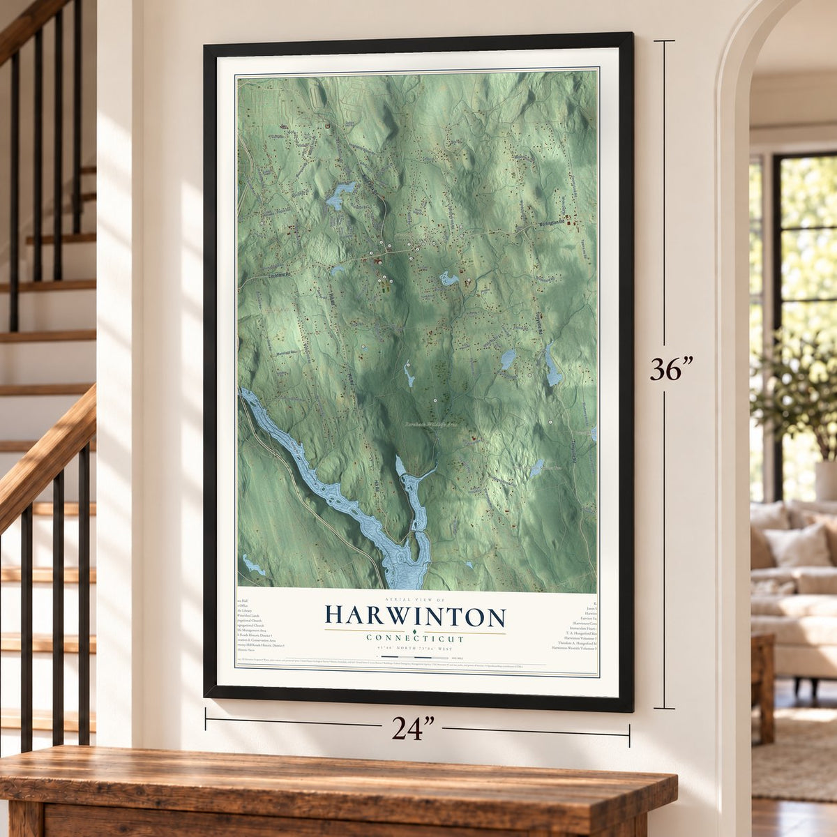 Harwinton, Connecticut map, 24 x 36 inch print in a black frame by a staircase