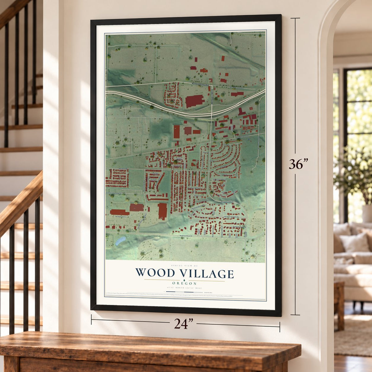 Wood Village, Oregon map, 24 x 36 inch print in a black frame by a staircase
